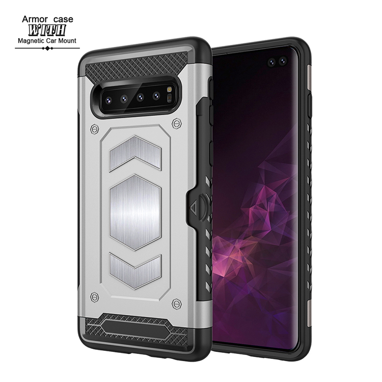 Galaxy S10+ (Plus) Metallic Plate Case Work with Magnetic Holder and Card Slot (Silver)